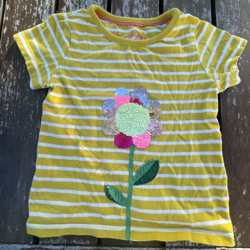 Mini Boden Yellow & White Striped Tee with Sequin Flower